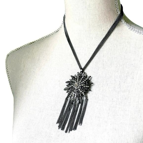 Rhinestone Sunburst Statement Necklace and Chain Fringe Gunmetal Jewelry - Picture 7 of 11